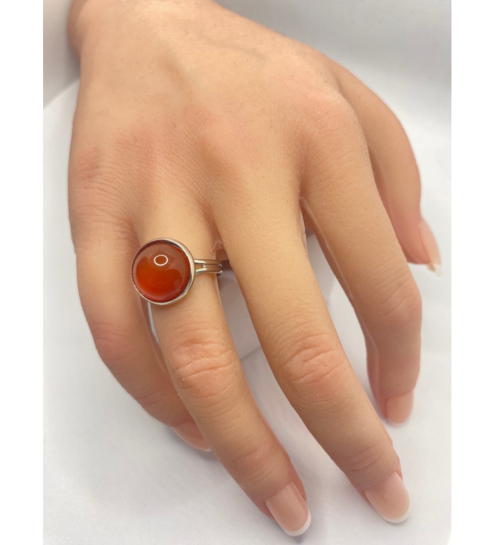 Bague ajustable en pierre rouge orangé en acier argent 925