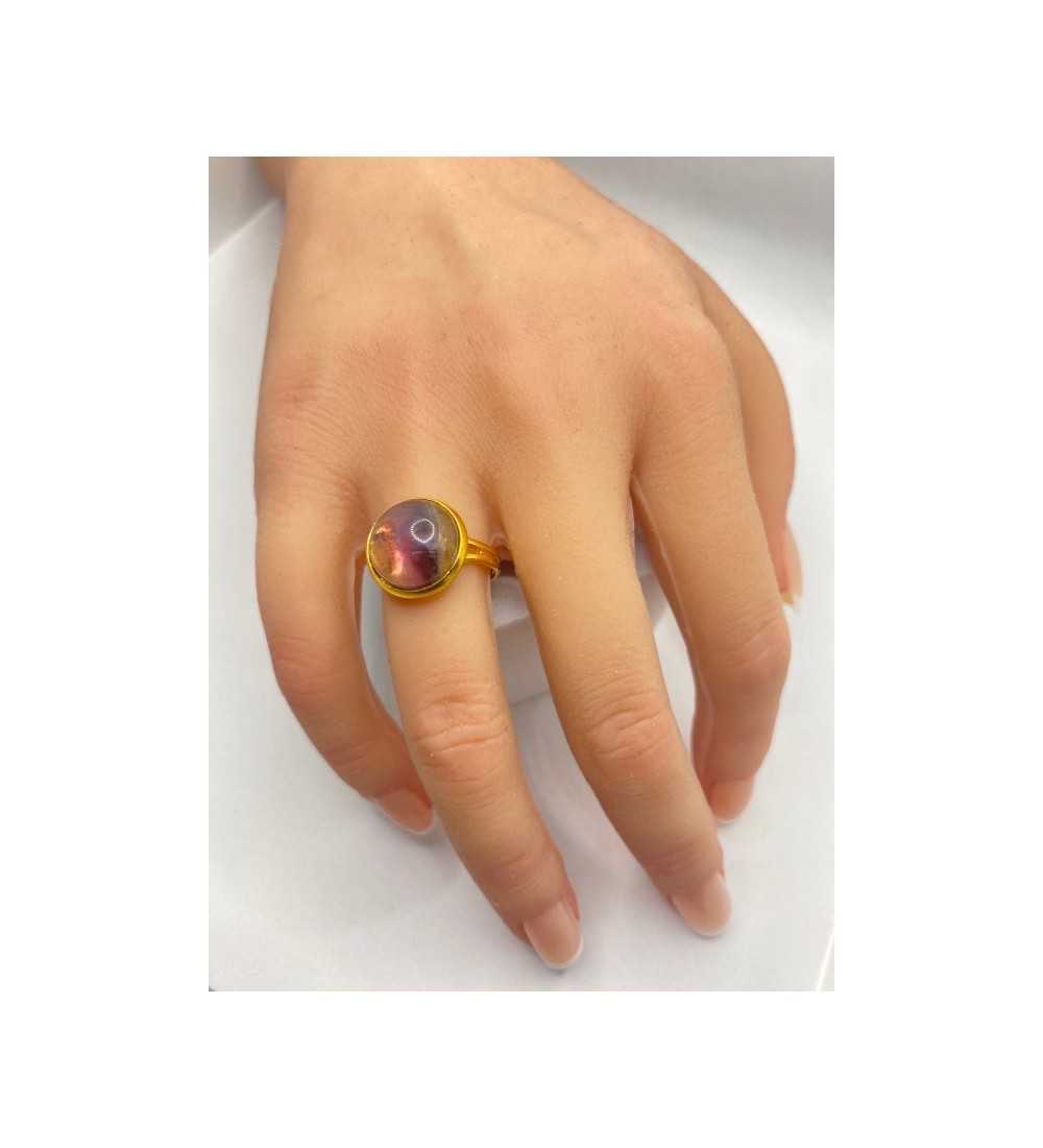 Bague ajustable améthyste en acier inoxydable doré