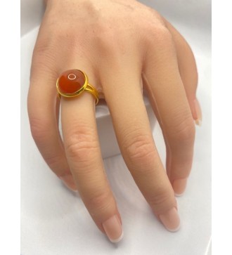 Bague ajustable en pierre orangé rouge acier inoxydable doré