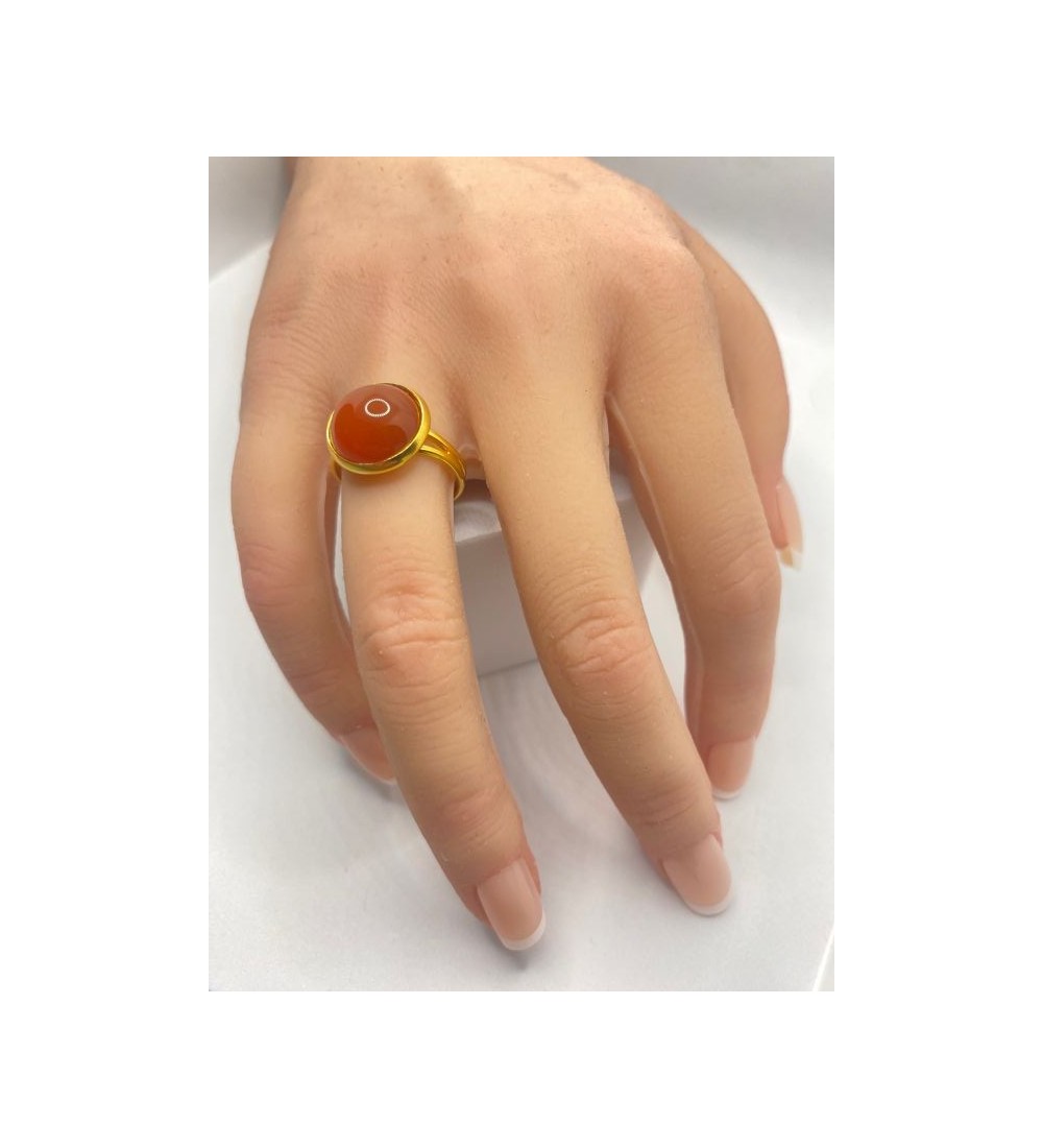 Bague ajustable en pierre orangé rouge acier inoxydable doré