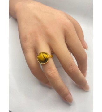 Bague ajustable en pierre marron et jaune acier doré