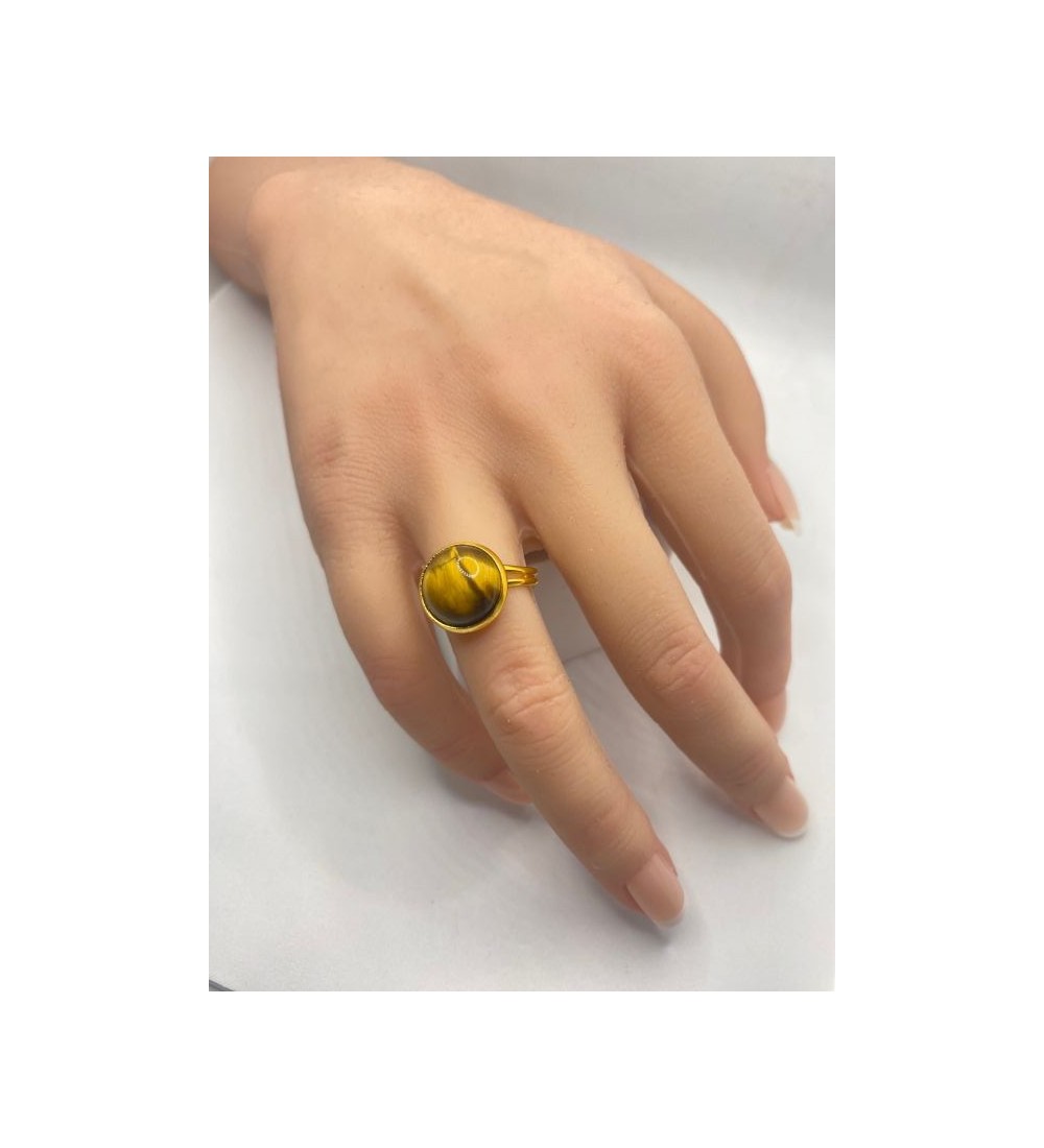 Bague ajustable en pierre marron et jaune acier doré