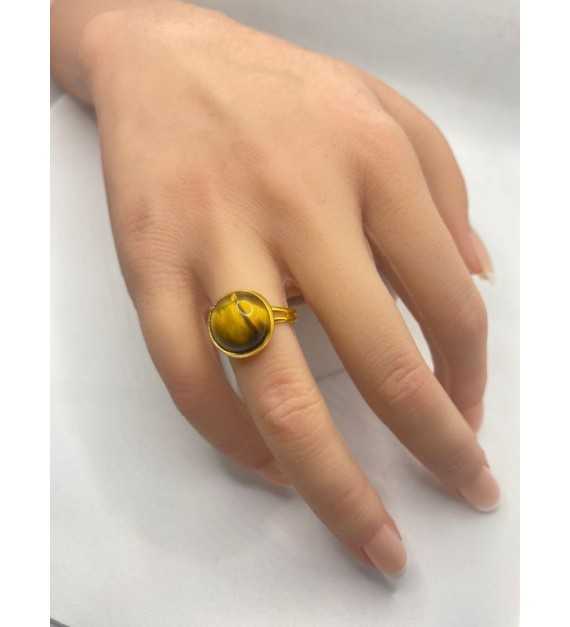 Bague Caramel – Bague ajustable en pierre marron jaune acier doré