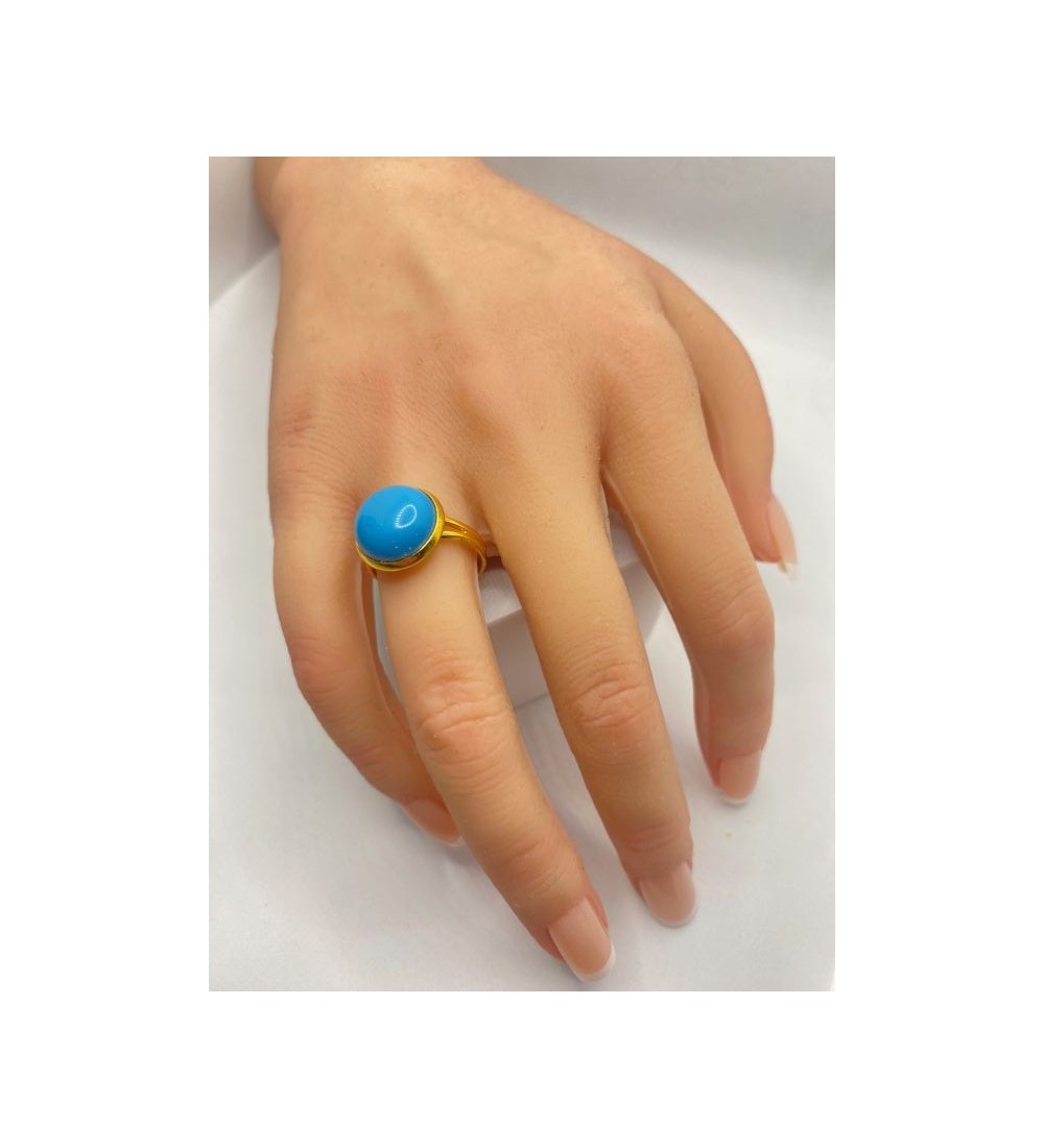 Bague ajustable en pierre bleu turquoise acier doré