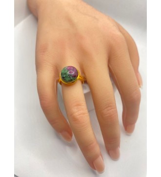 Bague ajustable en pierre vert violet acier doré