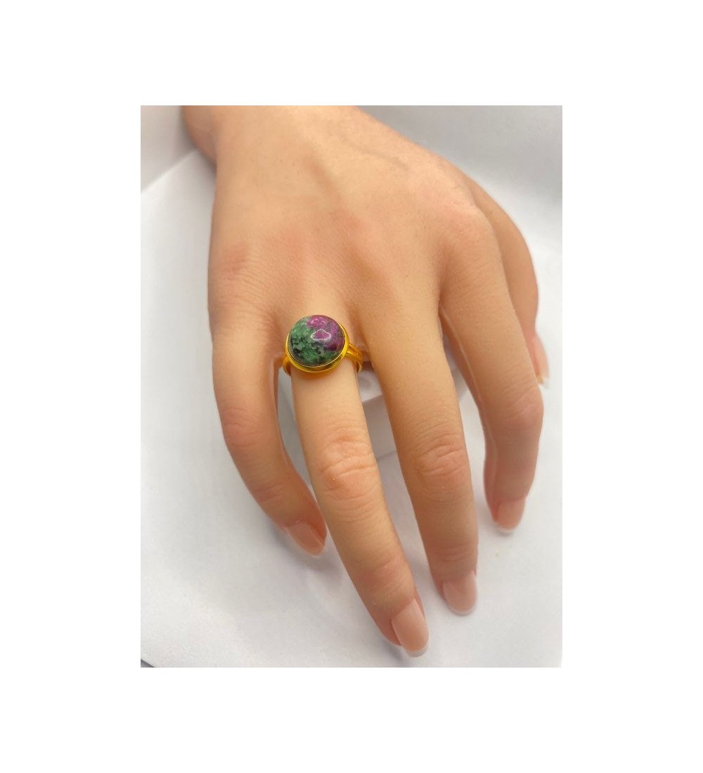 Bague ajustable en pierre vert violet acier doré