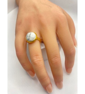 Bague ajustable en pierre effet marbre acier doré
