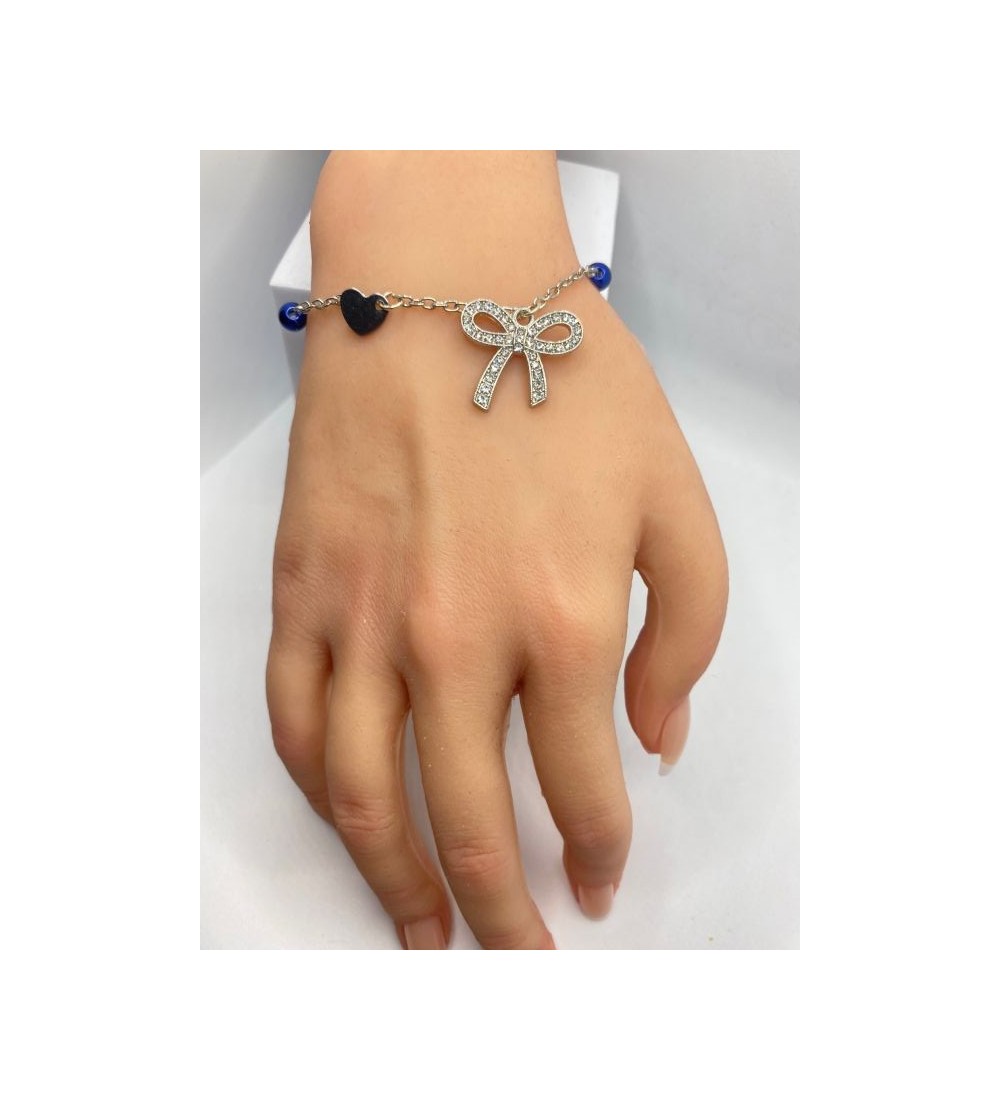 Bracelet ajustable argent avec perles bleues et coeur