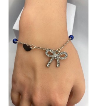 Bracelet ajustable argent avec perles bleues et coeur