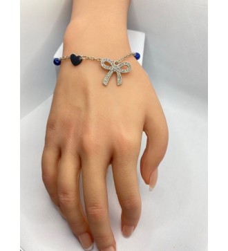 Bracelet ajustable argent avec perles bleues et coeur