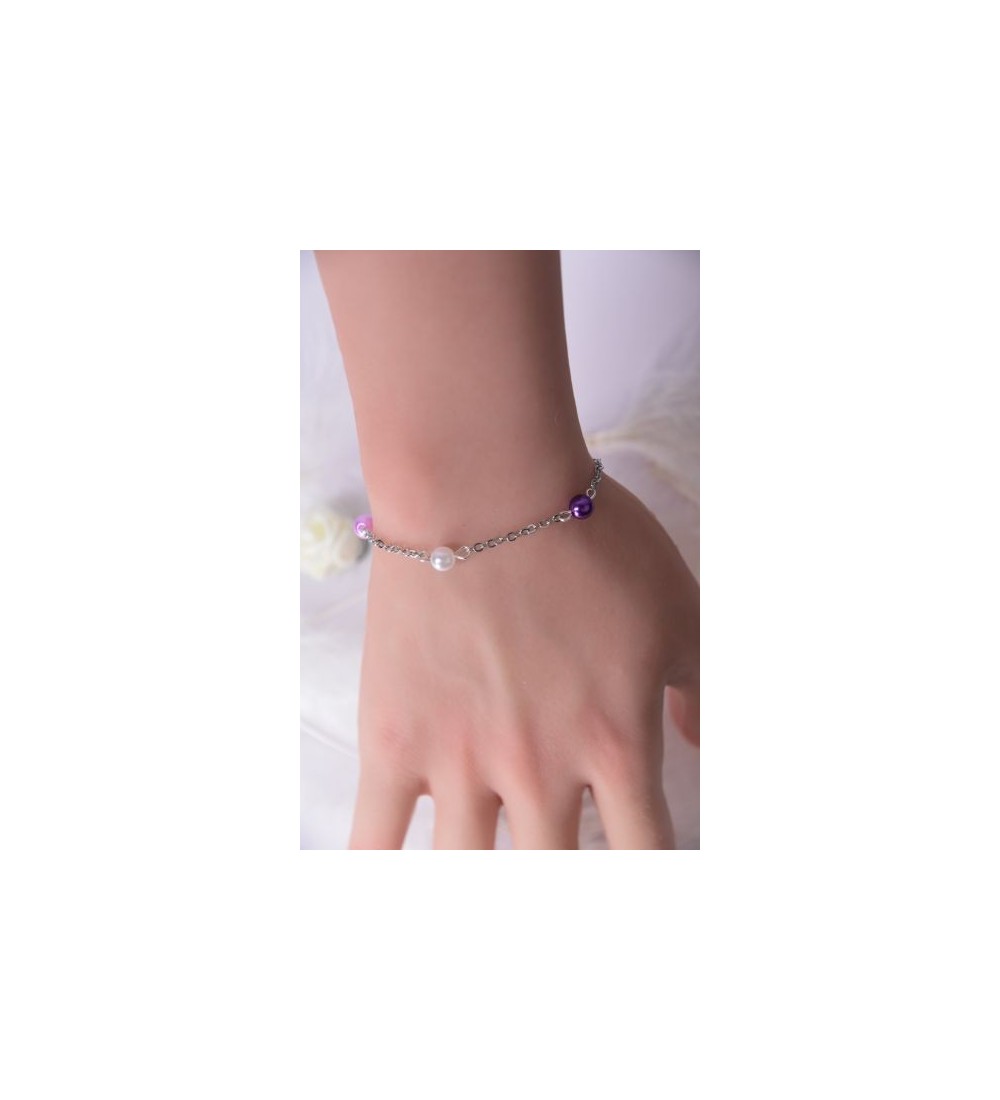 Bracelet en acier argenté avec perles violettes et roses