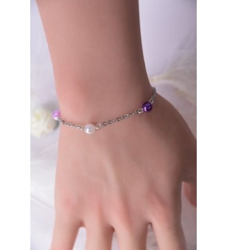 Bracelet en acier argenté avec perles violettes et roses