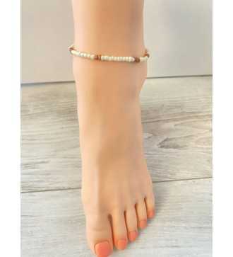 Bracelet de cheville perles blanches et marron – acier argenté