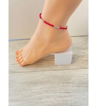 Bracelet de cheville en perles framboise et argentées