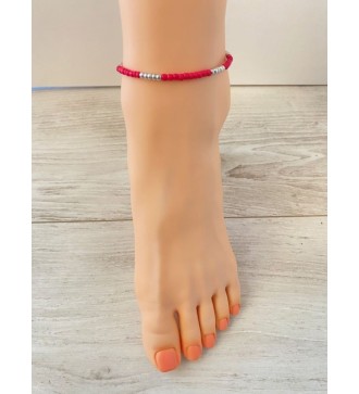 Bracelet de cheville en perles framboise et argentées
