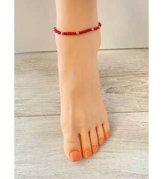 Bracelet de cheville rouge bordeaux avec perles dorées