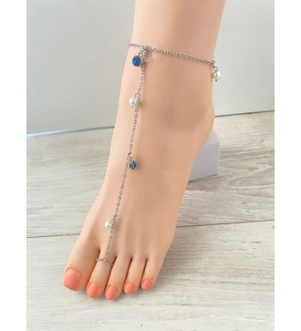 Bijou de pieds chaîne argent 925 avec pierre bleue et breloques en perles . Elégance et charme à vos pieds !