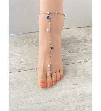 Bijou de pieds chaîne argent 925 avec pierre bleue et breloques en perles . Elégance et charme à vos pieds !