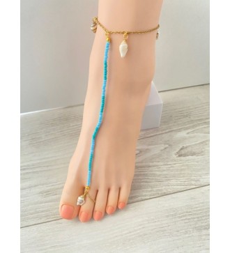 Bijou de pieds plaqué or 24K : coquillage et perles bleues