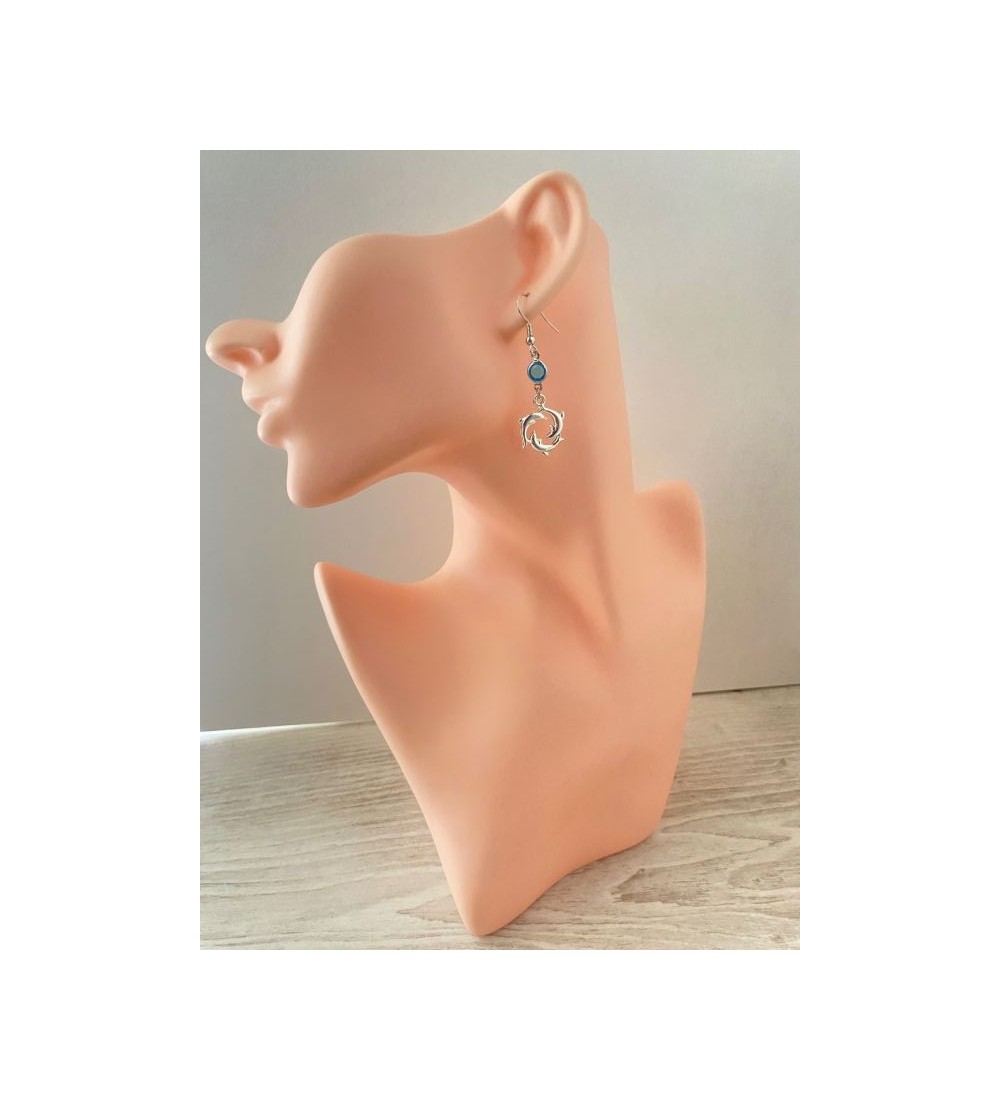 Boucles d'oreilles dauphins avec perle bleu 925