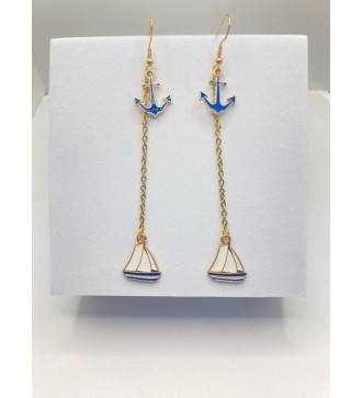 Boucles d'oreilles ancre et voilier en plaqué or 24K