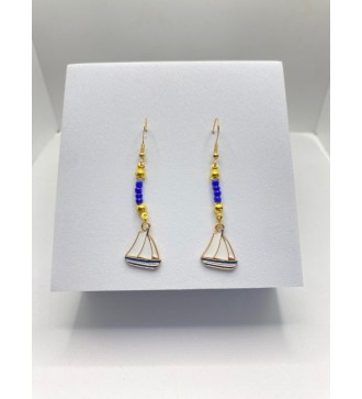 Boucles d'oreilles voilier perles bleues plaqué or 24K