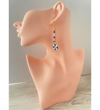 Boucles d'oreilles en chaîne avec bouée bleu et blanc