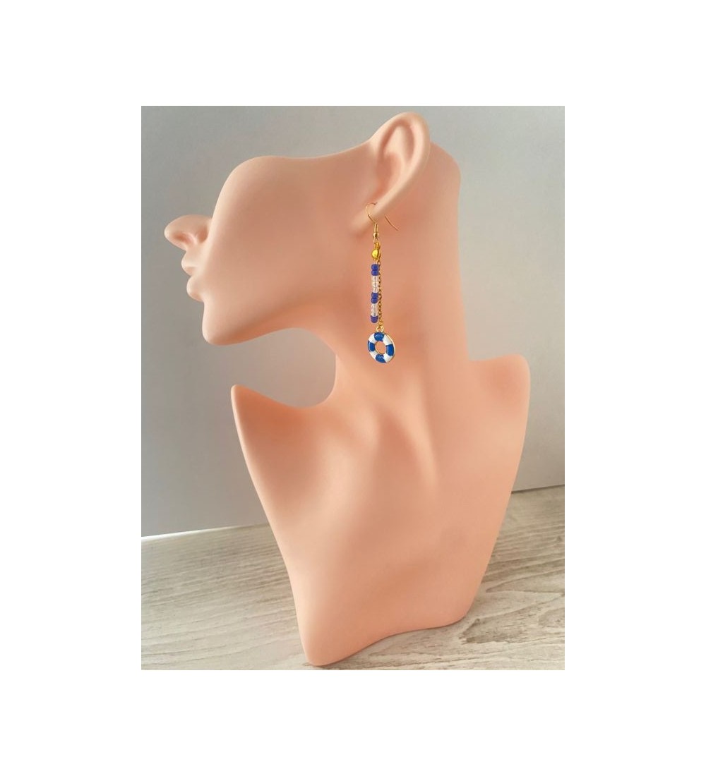 Boucles d'oreilles en chaîne avec bouée bleu et blanc