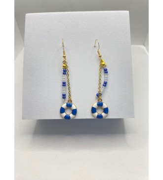 Boucles d'oreilles en chaîne avec bouée bleu et blanc