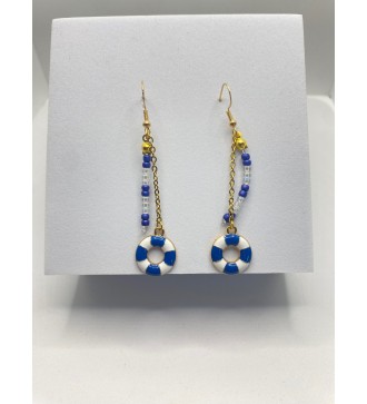 Boucles d'oreilles en chaîne avec bouée bleu et blanc