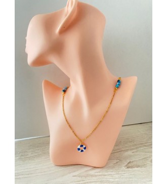 Collier bouée plaqué or 24K avec perles bleu bicolore