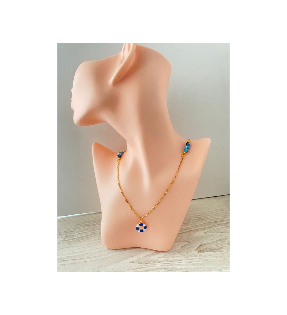 Collier bouée plaqué or 24K avec perles bleu bicolore