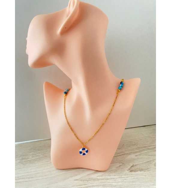 Collier bouée plaqué or 24K avec perles bleu bicolore