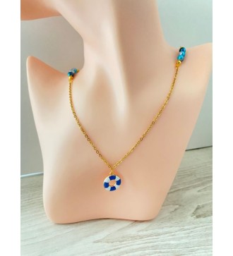 Collier bouée plaqué or 24K avec perles bleu bicolore