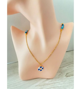 Collier bouée plaqué or 24K avec perles bleu bicolore