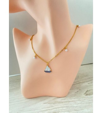 Collier voilier plaqué or 24K avec perle