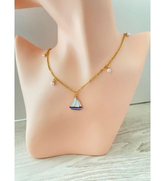 Collier voilier plaqué or 24K avec perle