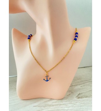 Collier ancre plaqué or 24K avec perles bleu brillant