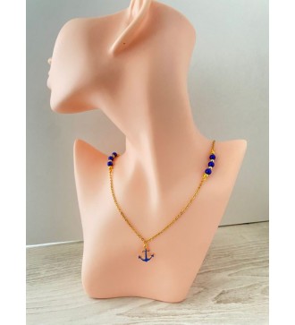 Collier ancre plaqué or 24K avec perles bleu brillant
