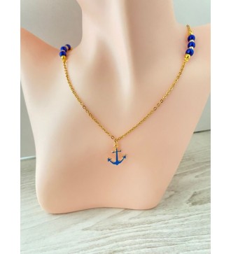 Collier ancre plaqué or 24K avec perles bleu brillant
