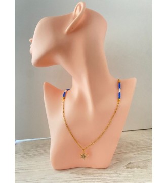 Collier or 24K avec pendentif barre de bateau et perles