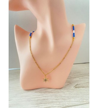 Collier or 24K avec pendentif barre de bateau et perles