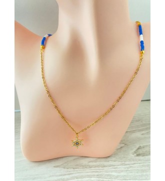 Collier or 24K avec pendentif barre de bateau et perles