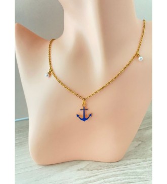 Collier or 24K avec pendentif ancre bleu et perles