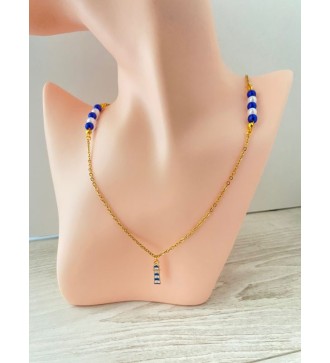 Collier or 24K avec perles bleu et blanc , phare bateau