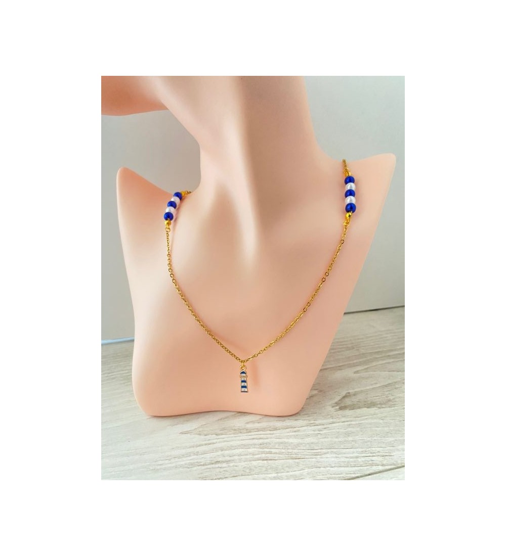 Collier or 24K avec perles bleu et blanc , phare bateau