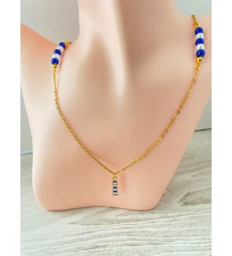 Collier or 24K avec perles bleu et blanc , phare bateau