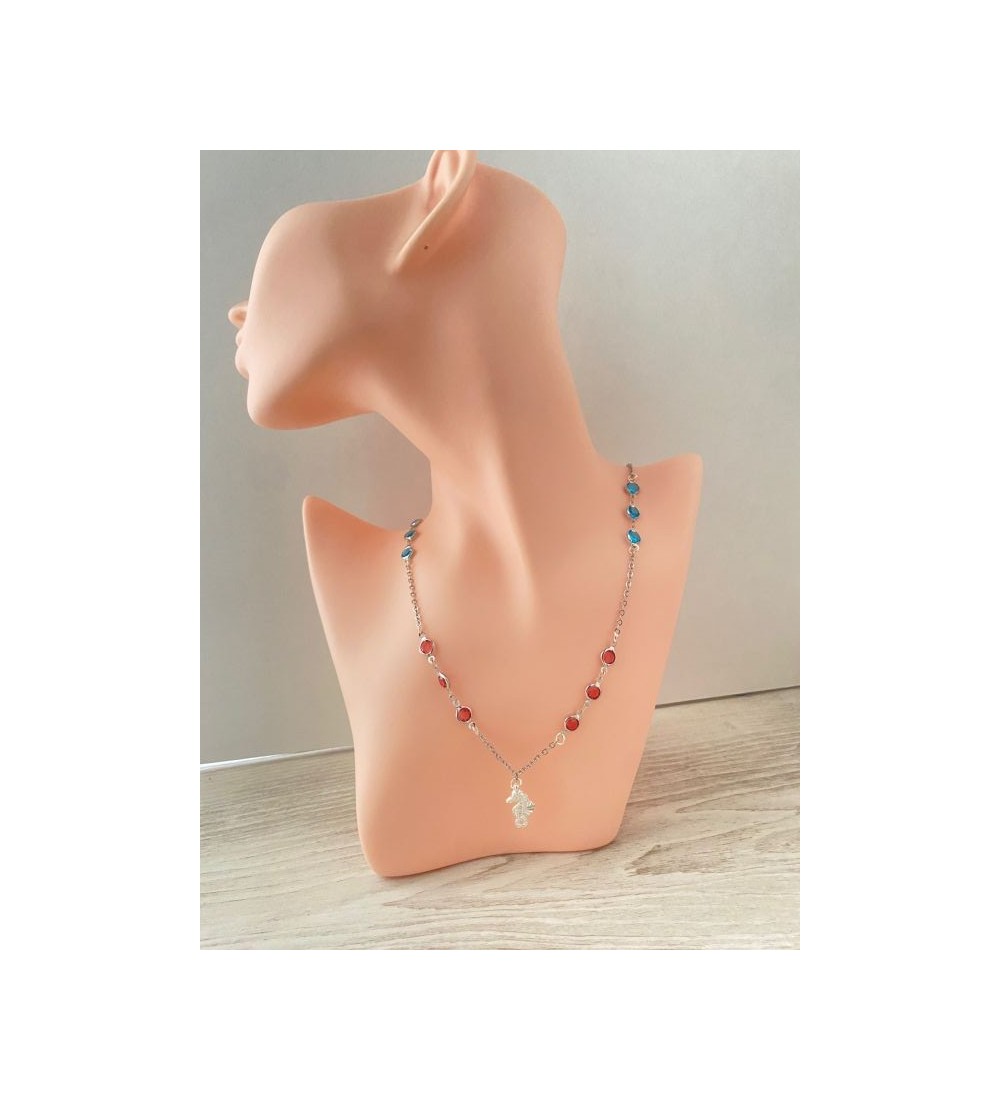 Collier argent 925 avec perles bleu azur et pendentif hippocampe