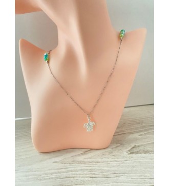 Collier argent 925 avec perles vertes pendentif tortue
