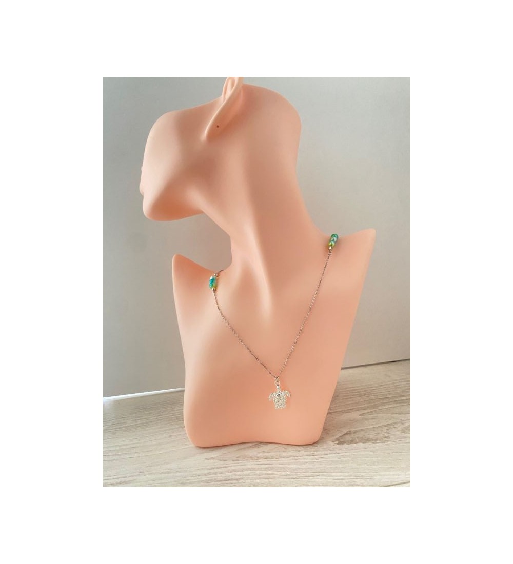 Collier argent 925 avec perles vertes pendentif tortue